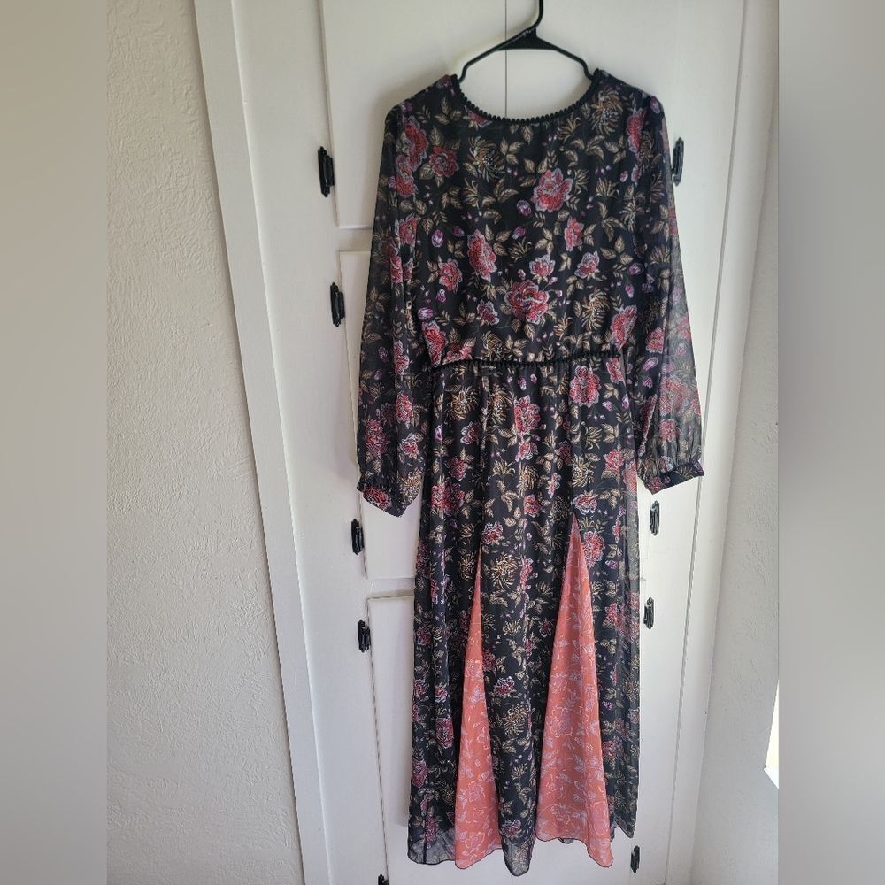 Anthropologie LAIA Ines Maxi Dress Black Floral Pleated Flare Sheath Small - Picture 2 of 9